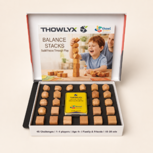 Balance Stacks wooden game with 24 blocks and challenge cards