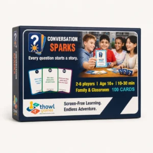 Clean studio view of the Conversation Spark box showing 100 cards for ages 7 and above