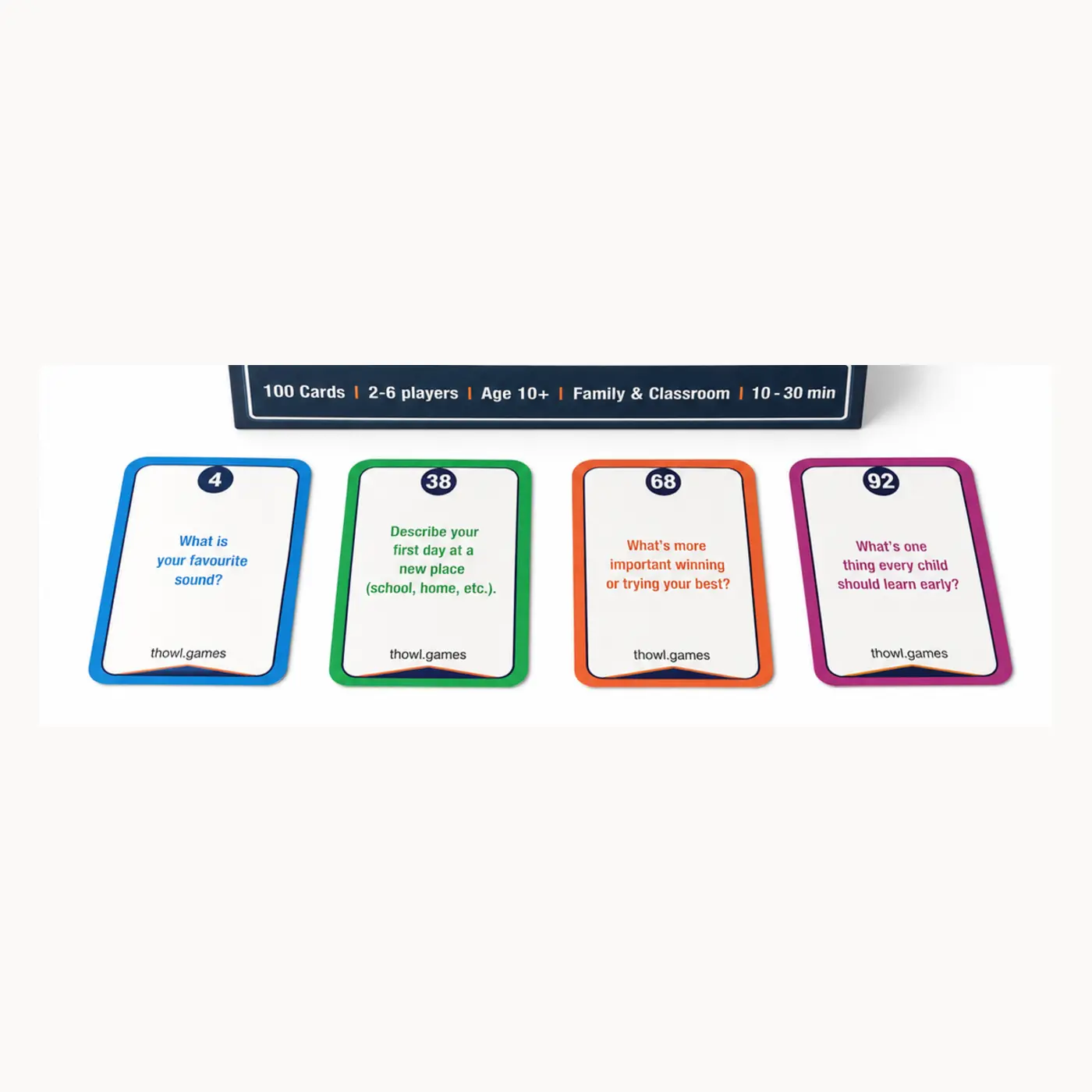 Clean close-up of four colour-coded Conversation Sparks question cards