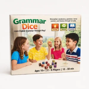 Grammar Dice box for ages 7 and above with 12 wooden grammar dice