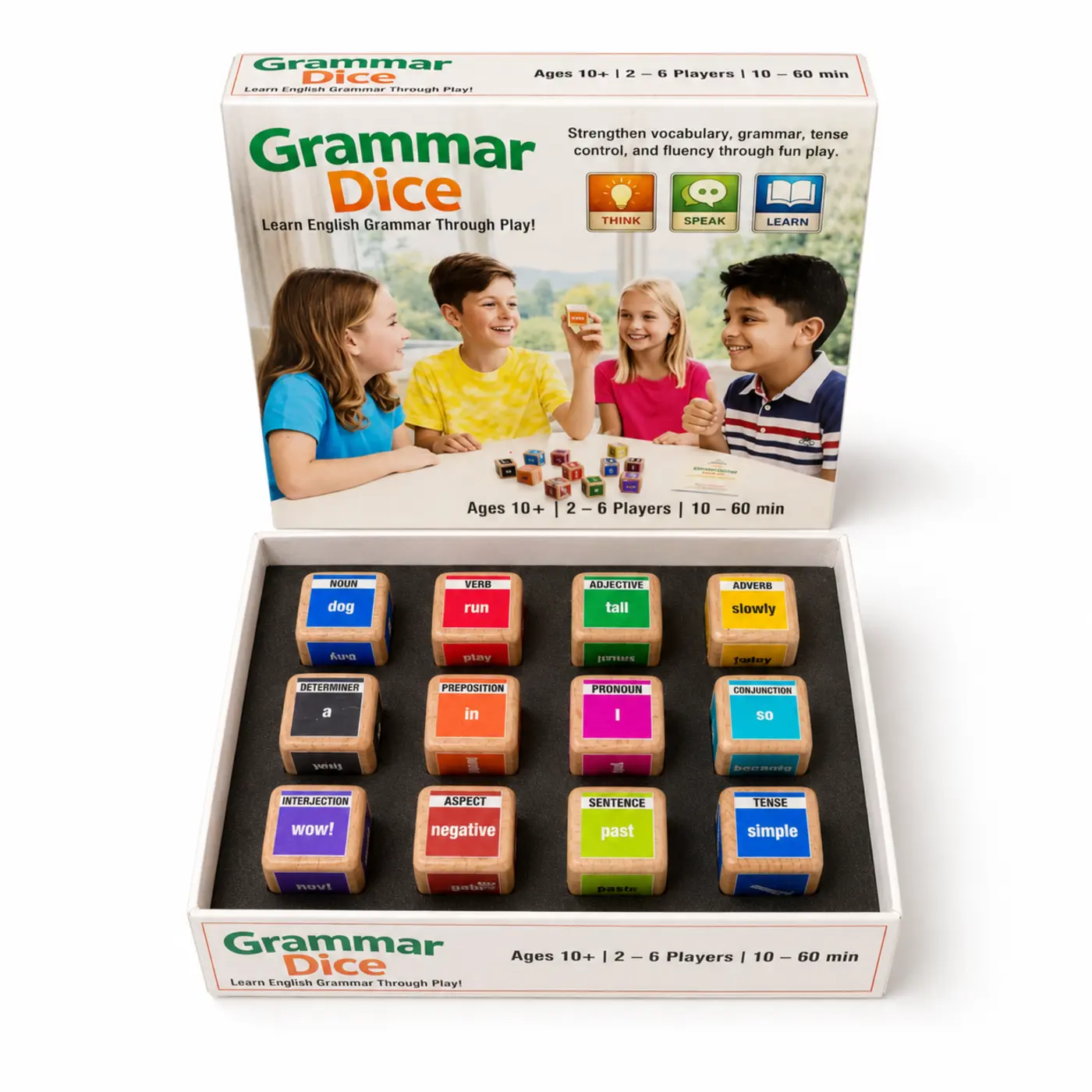Clean studio view of the Grammar Dice box with all 12 wooden dice arranged in the insert