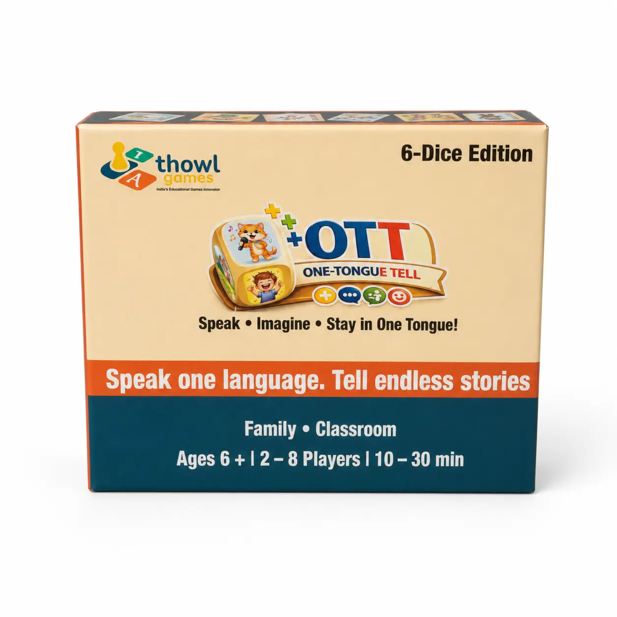One-Tongue Tell six-dice storytelling game box for ages 7 and above