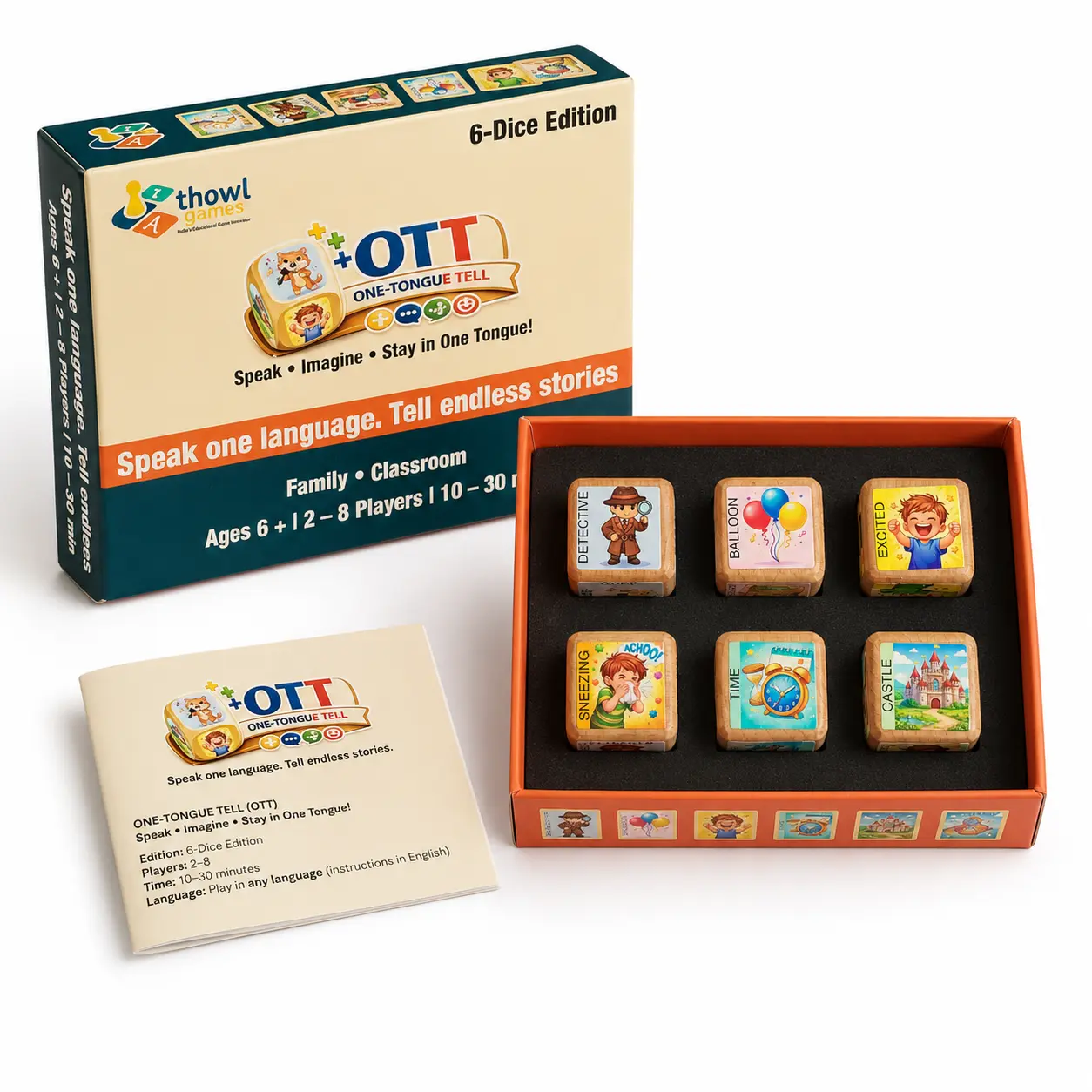 One-Tongue Tell open box with six wooden story dice, instruction booklet and foam insert