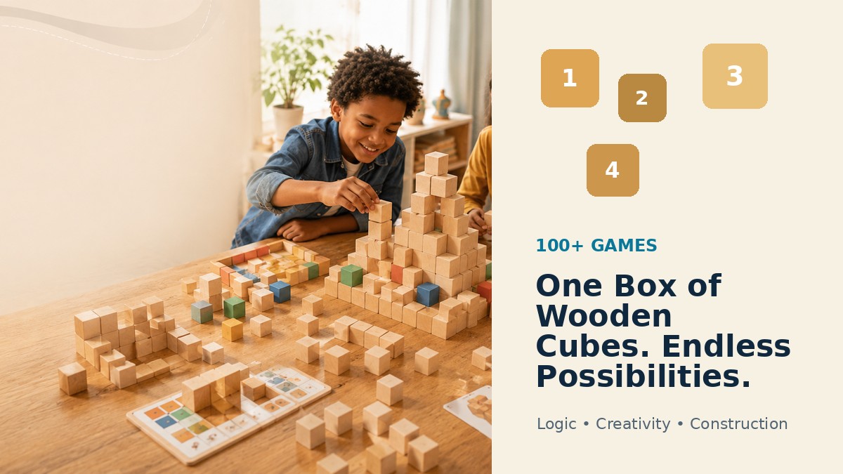 Wooden cubes used for logic, creativity and construction games